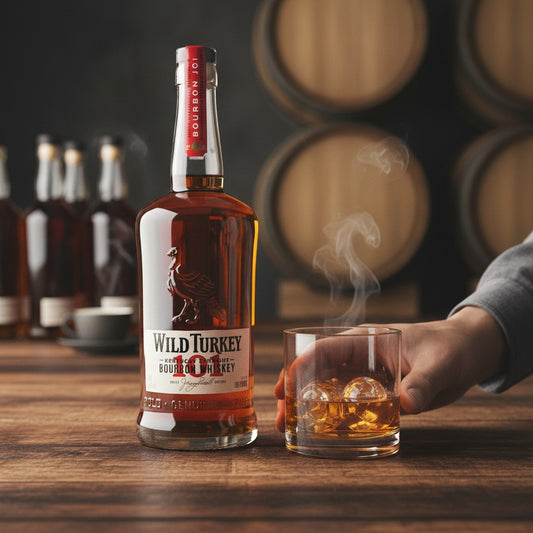 Schwarzbach Spirits: Wild Turkey 101 Kentucky Straight Bourbon Whiskey, 50,5% Vol., 70cl. Amber coloured whiskey in a clear glass bottle with a turkey embossed on the front.
