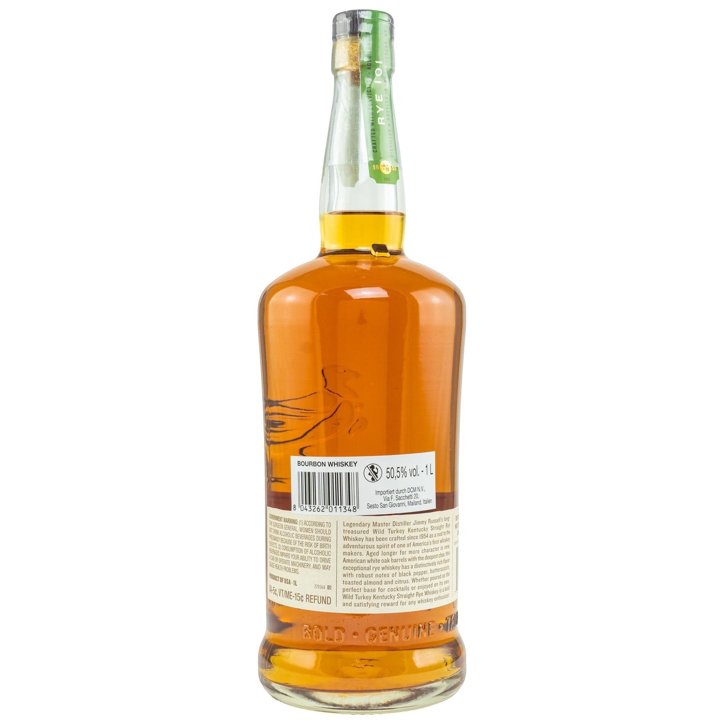 Schwarzbach Spirits Wild Turkey 101 Rye Kentucky Straight Rye Whiskey, 50,5% Vol. in 1L Flasche mit bernsteinfarbener Flüssigkeit.