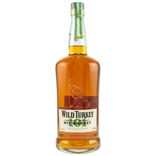 Schwarzbach Spirits Wild Turkey 101 Rye Kentucky Straight Whiskey in einer Glasflasche mit brauner Flüssigkeit und dem charakteristischen Wildtruthahn-Emblem.