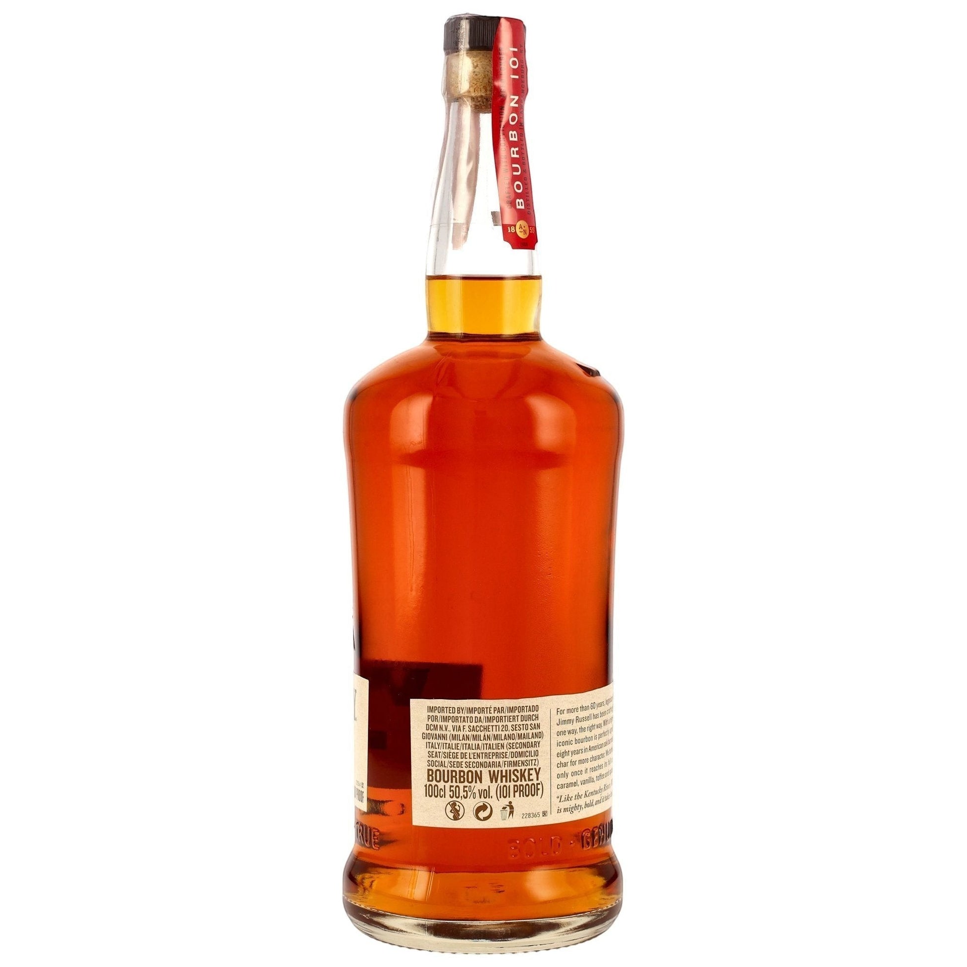Schwarzbach Spirits Wild Turkey 101 Kentucky Straight Bourbon Whiskey in einer Literflasche mit 50,5% Vol. Bernstein-farbener Whiskey mit rotem Siegel.