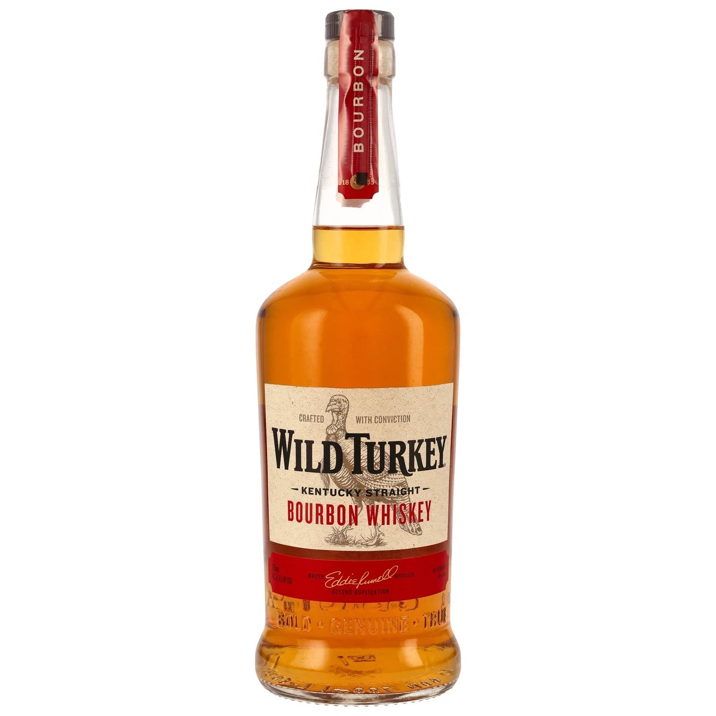 Schwarzbach Spirits Wild Turkey Kentucky Straight Bourbon Whiskey 40,5% Vol. in Glasflasche mit Etikett und rotem Halsband.