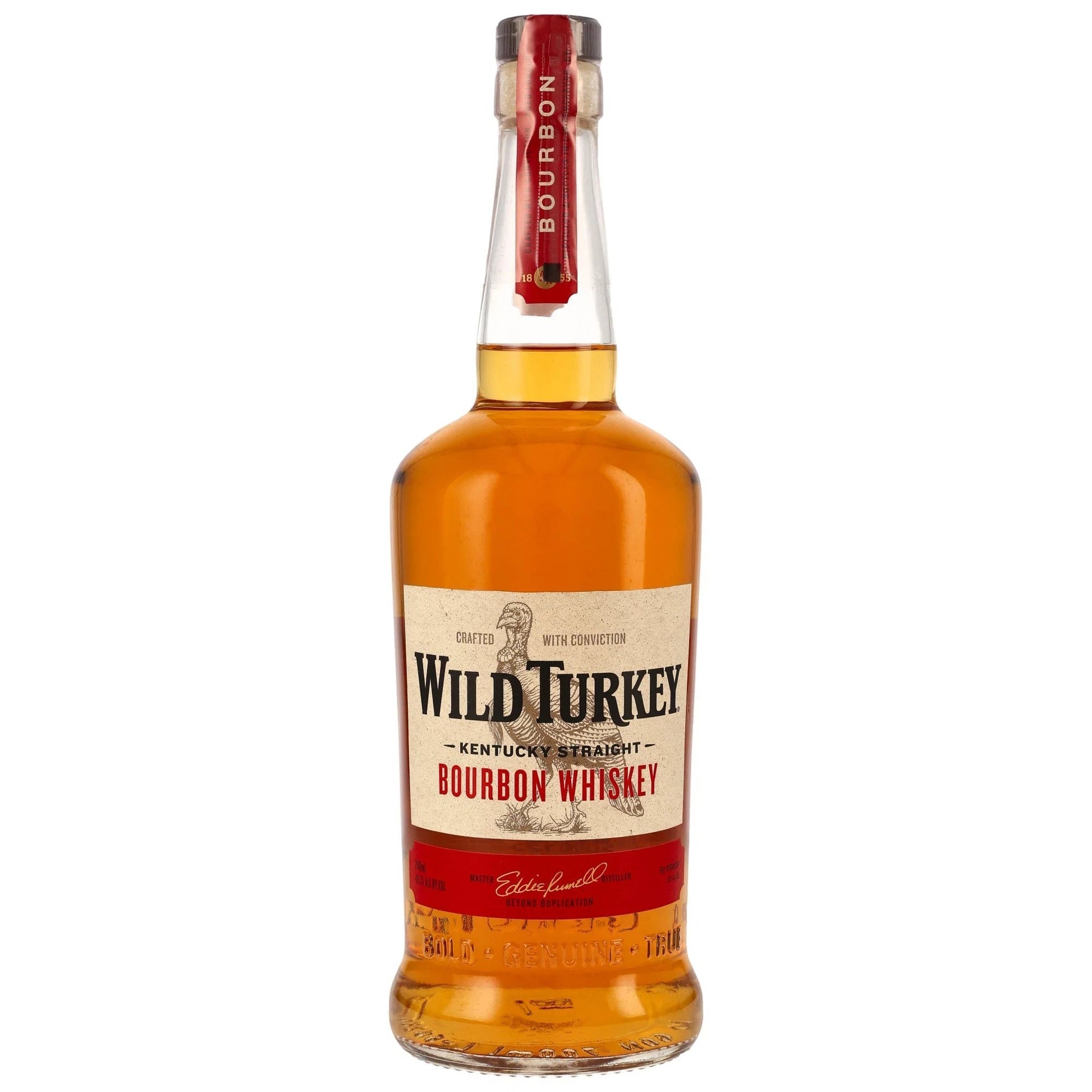 Schwarzbach Spirits Wild Turkey Kentucky Straight Bourbon Whiskey 40,5% Vol. in Glasflasche mit Etikett und rotem Halsband.