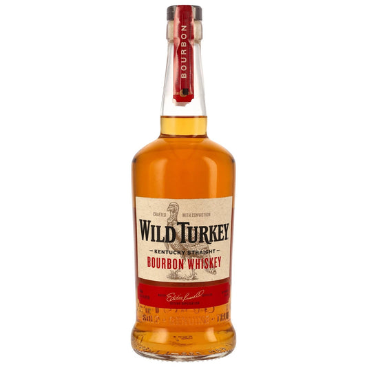 Schwarzbach Spirits Wild Turkey Kentucky Straight Bourbon Whiskey 40,5% Vol. in Glasflasche mit Etikett und rotem Halsband.