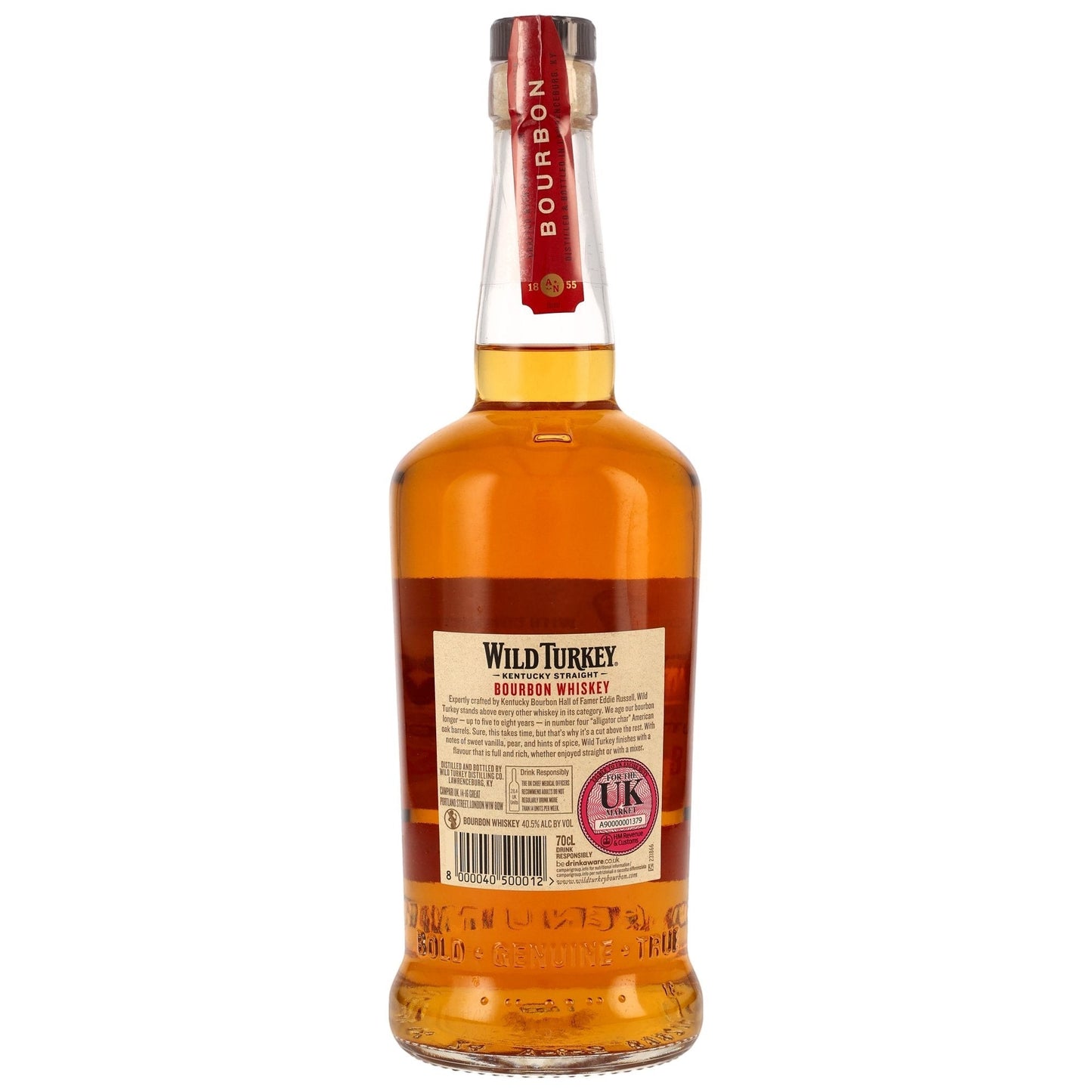 Schwarzbach Spirits Wild Turkey Kentucky Straight Bourbon Whiskey 40,5% Vol. in Glasflasche mit rotem Etikett am Hals.