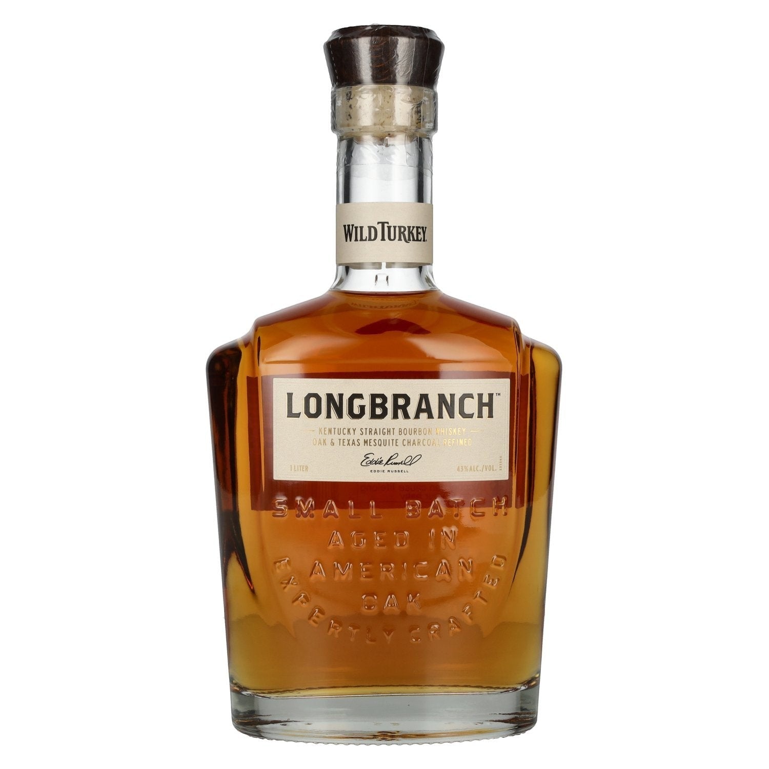 Schwarzbach Spirits: Wild Turkey Longbranch Kentucky Straight Bourbon Whiskey, 43% Vol., 1 Liter Flasche mit bernsteinfarbener Flüssigkeit, doppelt mit Holzkohle gefiltert.