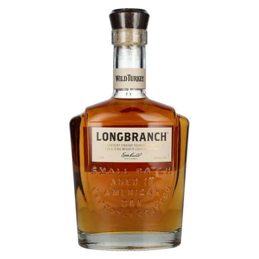 Schwarzbach Spirits: Wild Turkey Longbranch Kentucky Straight Bourbon Whiskey, 43% Vol., 1 Liter Flasche mit bernsteinfarbener Flüssigkeit, doppelt mit Holzkohle gefiltert.