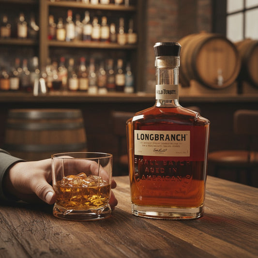 Schwarzbach Spirits: Wild Turkey Longbranch Kentucky Straight Bourbon Whiskey, 43% Vol., 1 Liter Flasche mit bernsteinfarbener Flüssigkeit, doppelt mit Holzkohle gefiltert.
