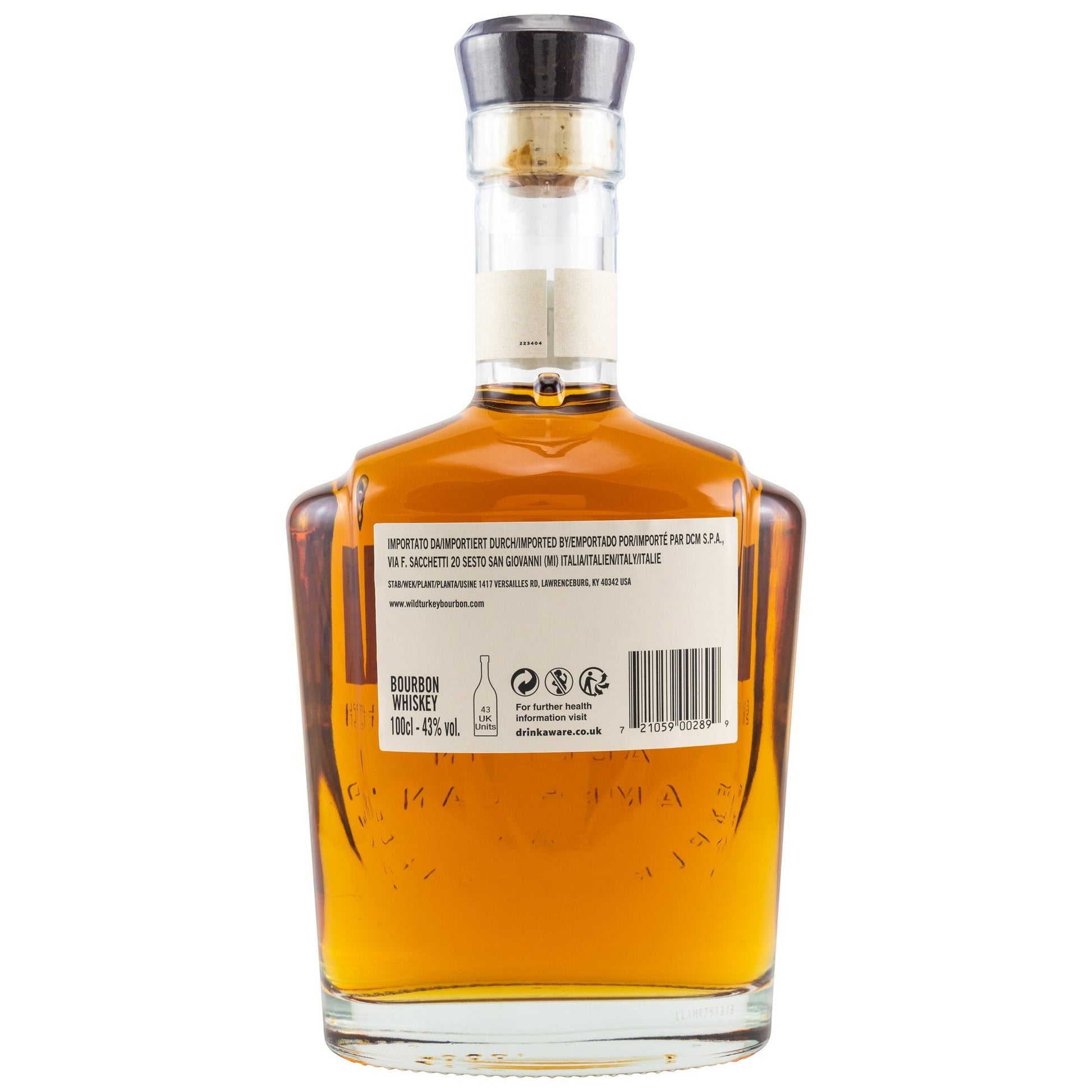 Schwarzbach Spirits Wild Turkey Longbranch Kentucky Straight Bourbon Whiskey 43% Vol. 1L Flasche mit bernsteinfarbener Flüssigkeit und Korkverschluss.