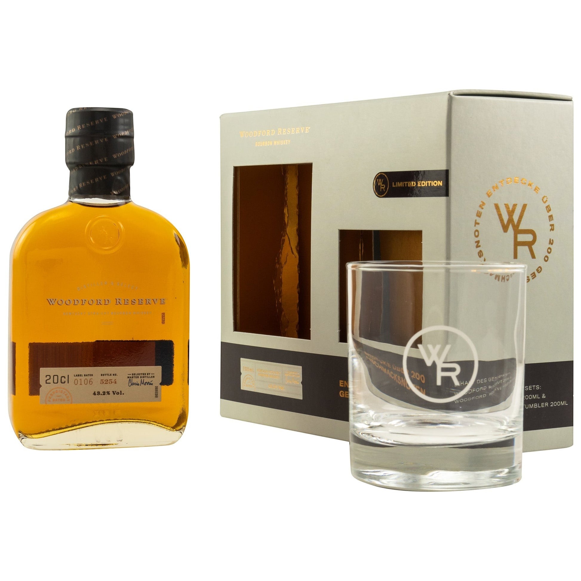 Schwarzbach Spirits: Woodford Reserve Distiller's Select Bourbon Whiskey Geschenk-Set mit 20cl Flasche und Glas, 43,2% Vol.
