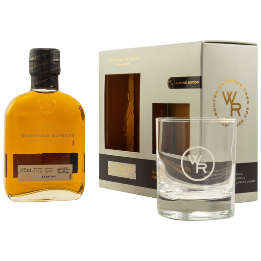 Schwarzbach Spirits: Woodford Reserve Distiller's Select Bourbon Whiskey Geschenk-Set mit 20cl Flasche und Glas, 43,2% Vol.