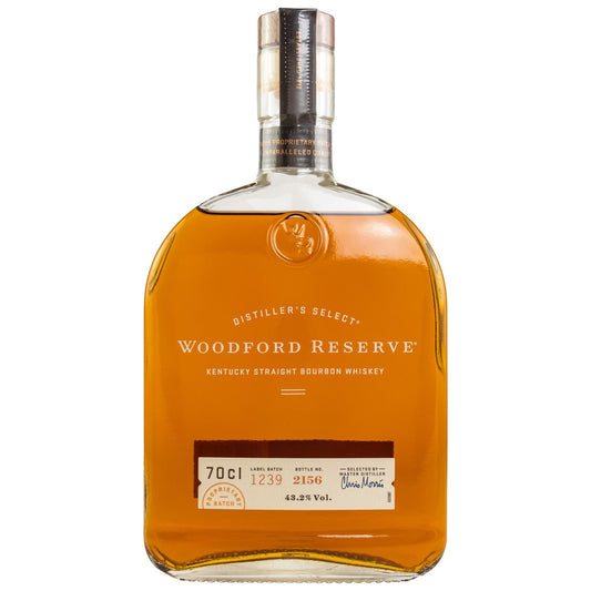 Schwarzbach Spirits: Woodford Reserve Distiller's Select Kentucky Straight Bourbon Whiskey, 43.2% Vol., 70cl. Amber liquid in a clear glass bottle with a distinctive square shoulder.