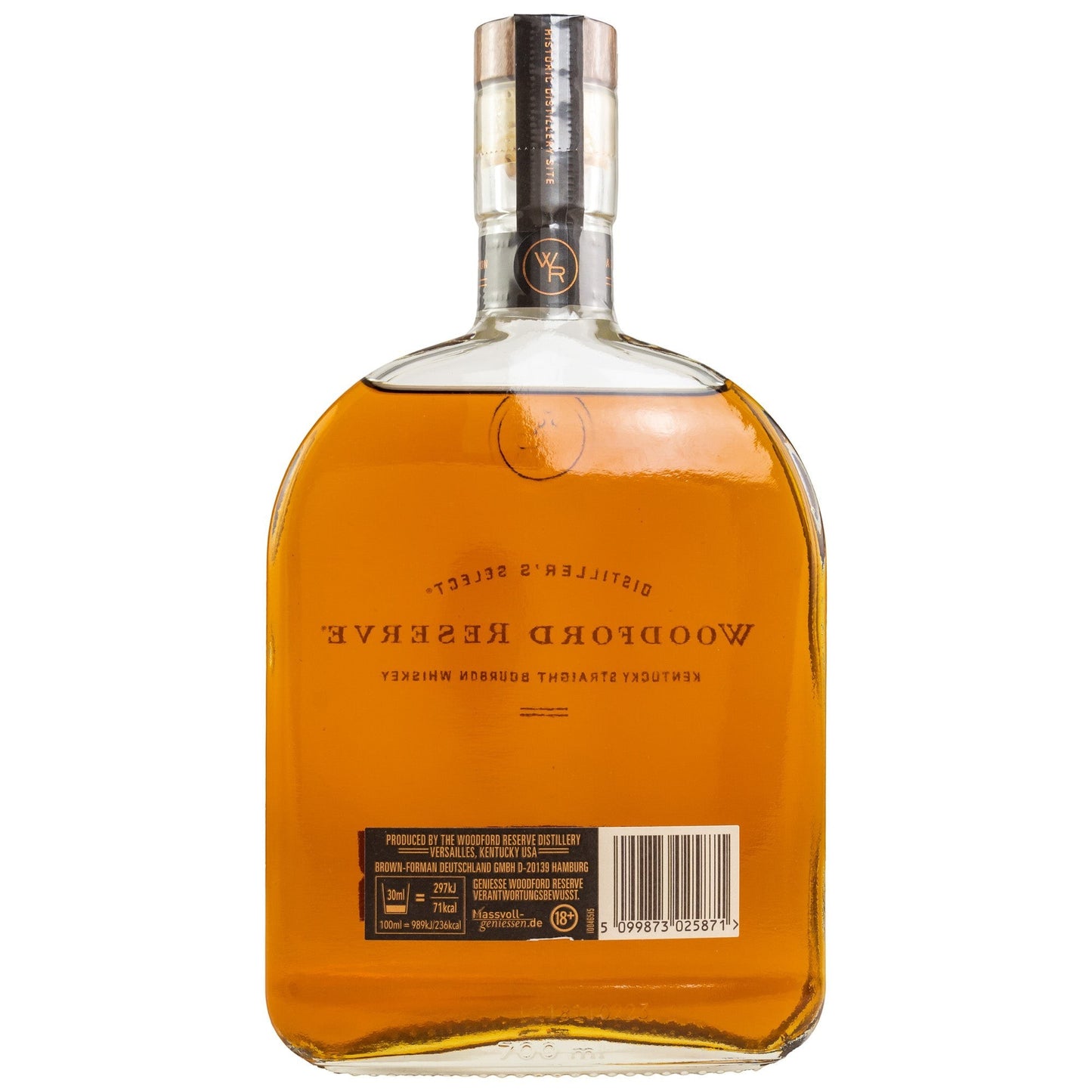 Schwarzbach Spirits: Woodford Reserve Distiller's Select Bourbon Whiskey in einer Glasflasche mit bernsteinfarbener Flüssigkeit und Etikett.