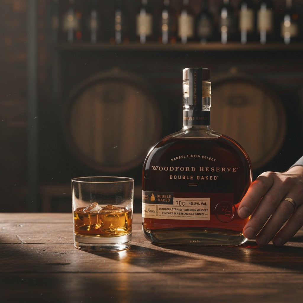 Schwarzbach Spirits Woodford Reserve Double Oaked Bourbon Flasche mit Glas auf einem Holztisch in einer Destillerie