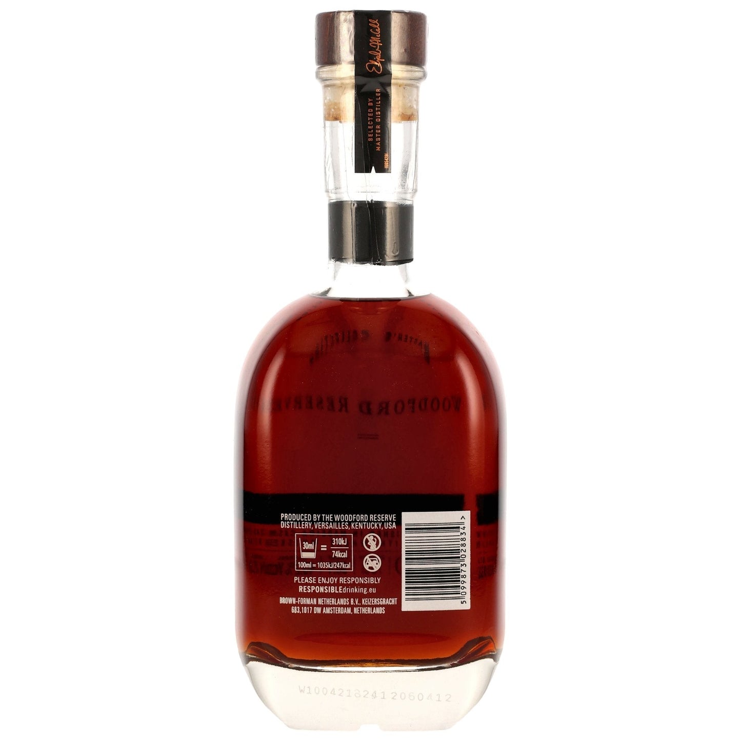 Schwarzbach Spirits Woodford Reserve Master's Collection Madeira Finish Whiskey, 45,2% Vol. in einer bauchigen Glasflasche mit braunem Etikett.