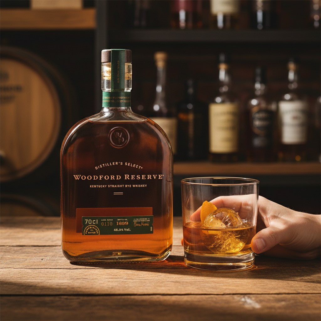 Schwarzbach Spirits: Woodford Reserve Kentucky Straight Rye Whiskey, 45,2% Vol., 70cl. Kräftig-würziger Charakter mit pfeffrigen Noten und süß-würzigem Abgang.