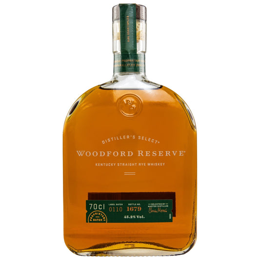 Schwarzbach Spirits: Woodford Reserve Kentucky Straight Rye Whiskey, 45,2% Vol., 70cl. Kräftig-würziger Charakter mit pfeffrigen Noten, Zedernholz, Zimt und Roggen.