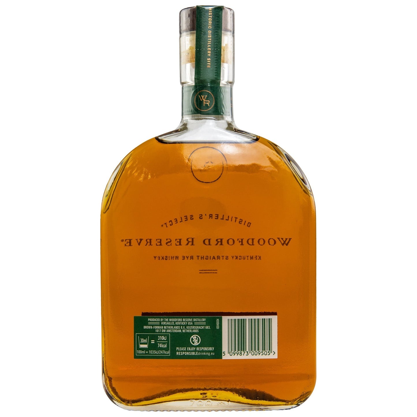 Schwarzbach Spirits: Woodford Reserve Kentucky Straight Rye Whiskey, 45,2% Vol., bernsteinfarben, in Glasflasche mit grünem Etikett.