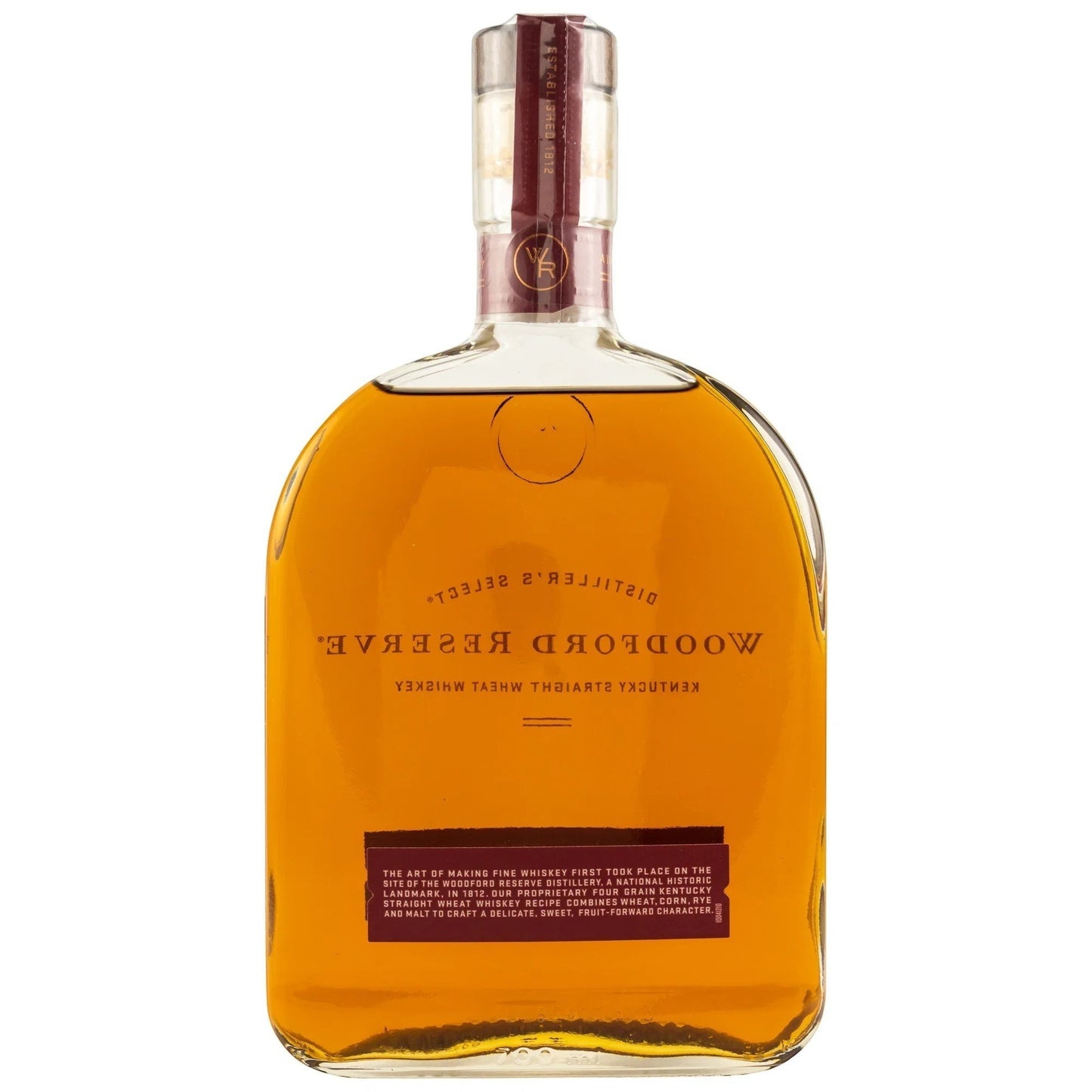 Schwarzbach Spirits bottle of Woodford Reserve Wheat Whiskey, amber liquid, 45.2% Vol., 0.7L, not chill-filtered, no added color.