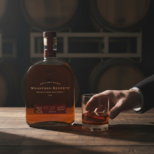 Schwarzbach Spirits Woodford Reserve Kentucky Straight Wheat Whiskey bottle and glass on a wooden table with barrels in the background.