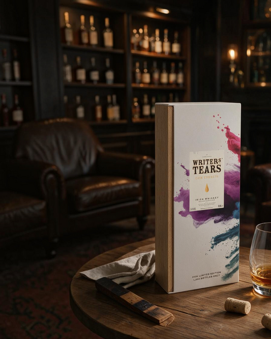 Schwarzbach Spirits Writers’ Tears Cask Strength 2025 Whiskey in einer edlen Geschenkverpackung auf einem Holztisch.