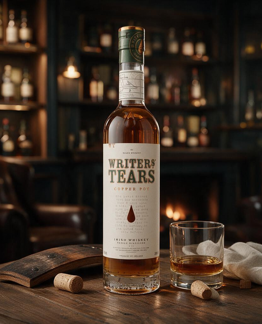 Schwarzbach Spirits Writers’ Tears Copper Pot Irish Whiskey Flasche mit Glas auf einem Holztisch vor einem Kamin