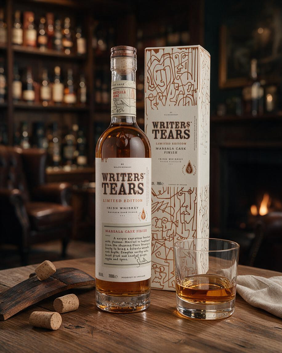 Schwarzbach Spirits Writers’ Tears Marsala Cask Irish Whiskey Flasche mit Geschenkverpackung und Glas auf Holztisch