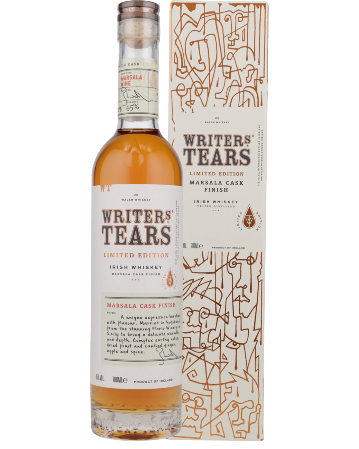 Schwarzbach Spirits Writers’ Tears Marsala Cask Irish Whiskey Flasche mit Geschenkverpackung und bernsteinfarbenem Inhalt