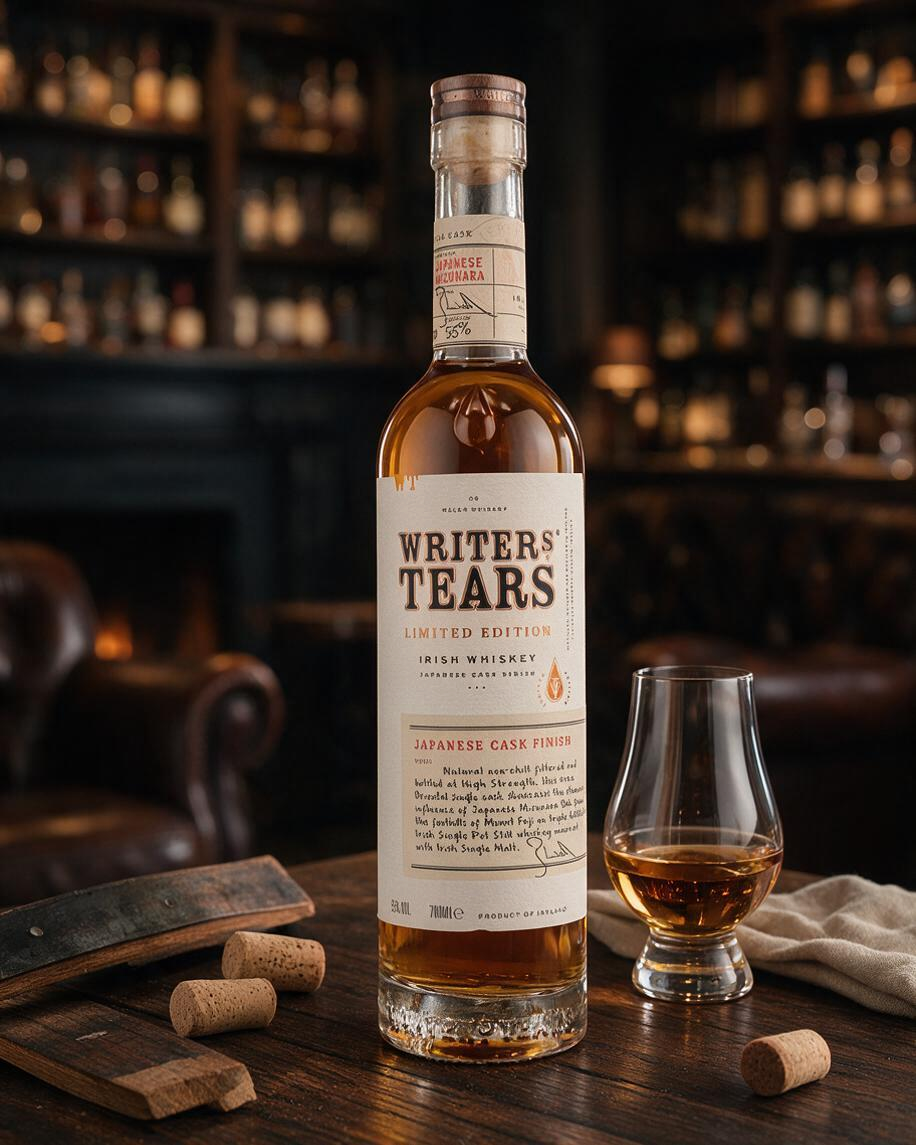 Schwarzbach Spirits Writers’ Tears Japanese Cask Whiskey Flasche mit Glas auf Holztisch vor unscharfem Kamin