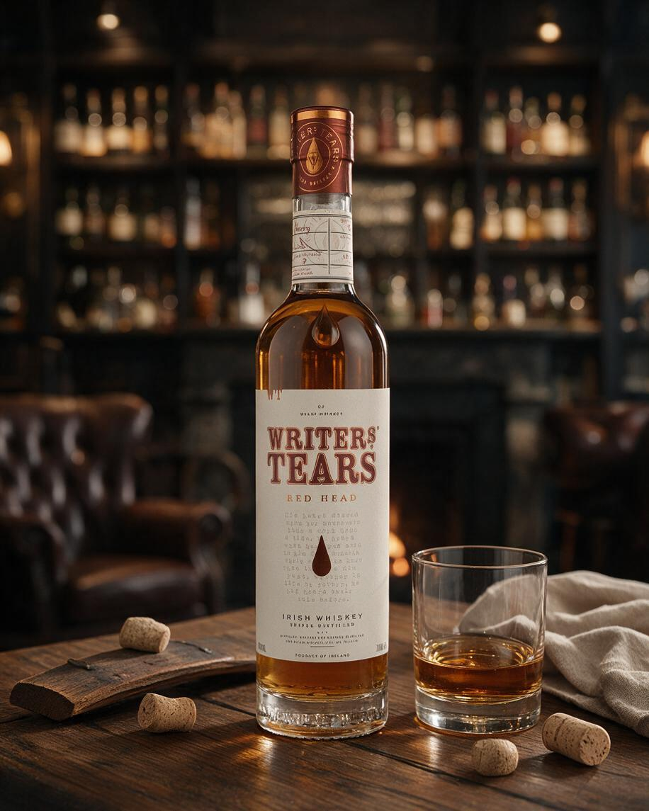 Schwarzbach Spirits Writers’ Tears Red Head Irish Single Malt Whiskey in einer Flasche mit Glas auf einem Holztisch.