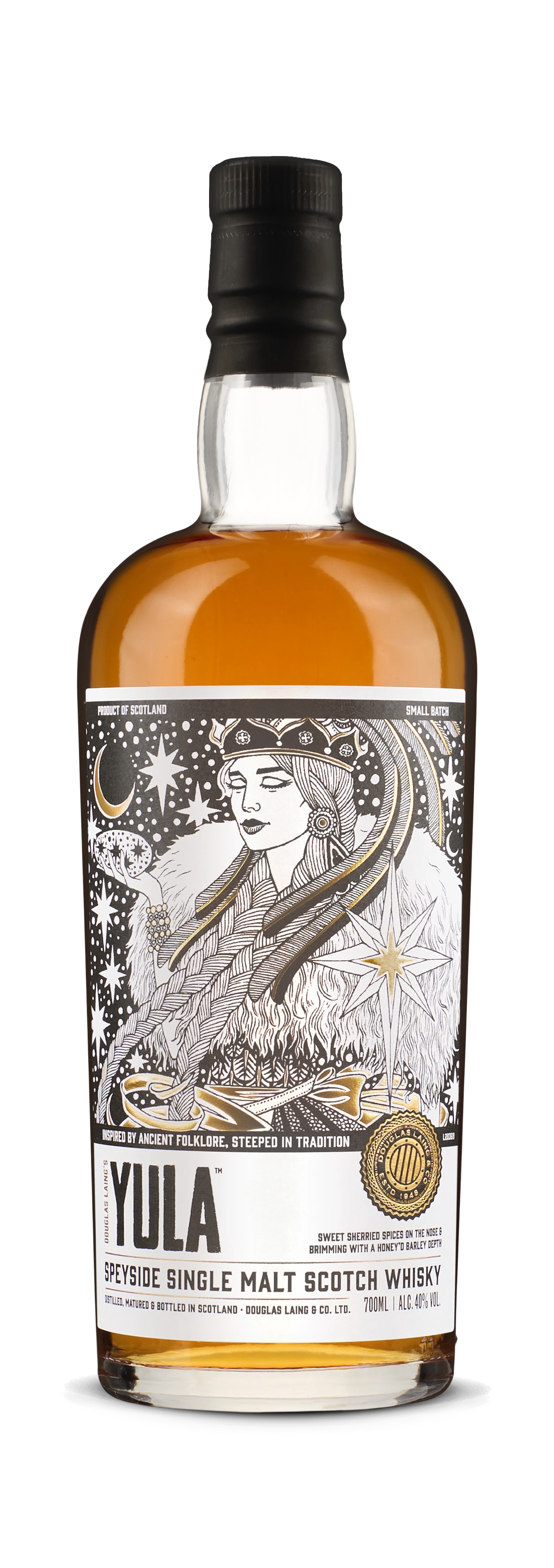 Schwarzbach Spirits YULA Speyside Single Malt Scotch Whisky Flasche mit kunstvollem Etikett auf schwarzem Grund.