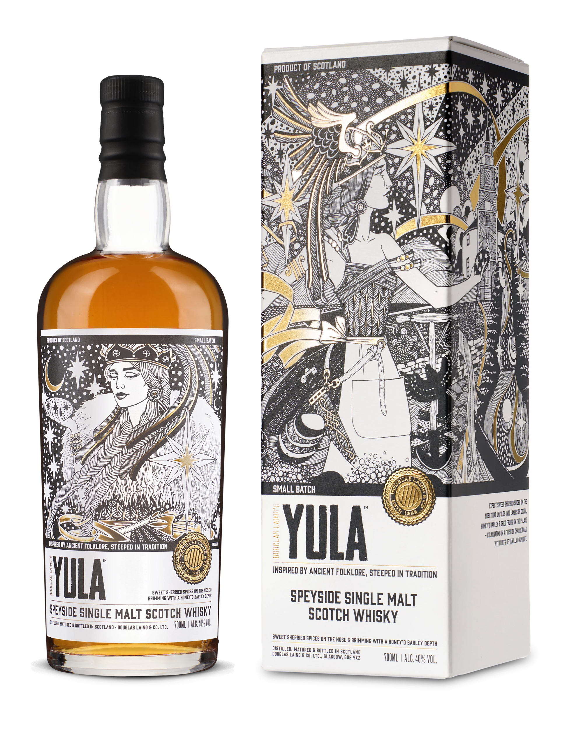 Schwarzbach Spirits YULA Speyside Single Malt Scotch Whisky Flasche mit kunstvoller schwarz-weißer Illustration