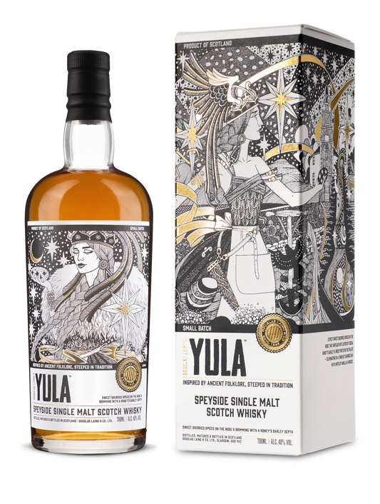 Schwarzbach Spirits YULA Speyside Single Malt Scotch Whisky Flasche mit kunstvoller schwarz-weißer Illustration