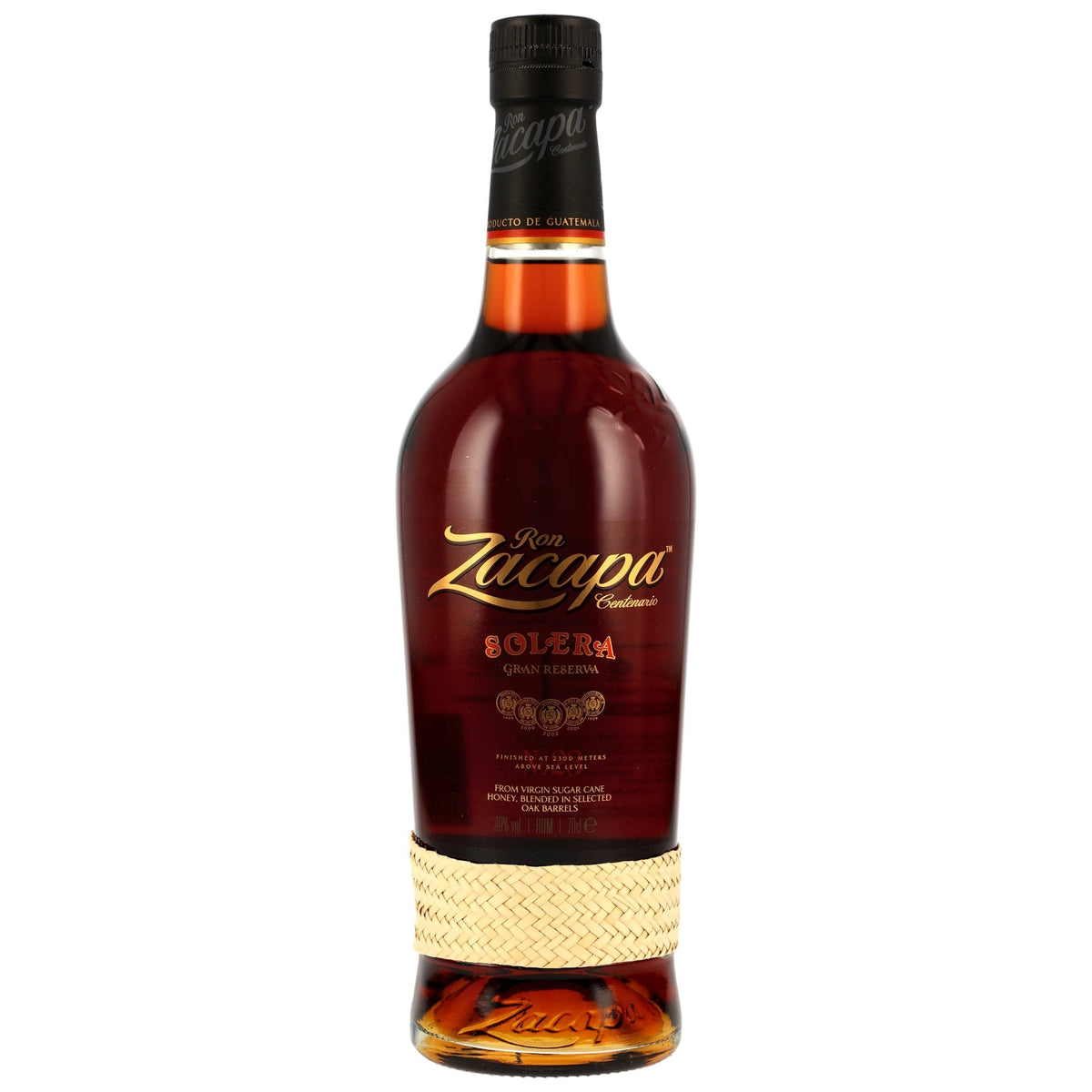 Schwarzbach Spirits Zacapa No. 23 Solera Rum Flasche mit charakteristischem geflochtenem Band aus Guatemala
