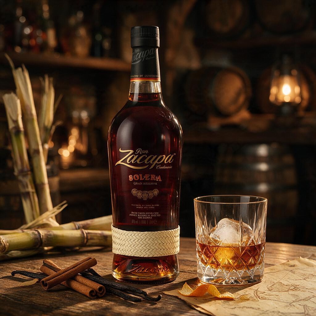 Schwarzbach Spirits Zacapa No. 23 Solera Rum Flasche mit Glas auf Holztisch, umgeben von Zuckerrohr und Vanilleschoten.