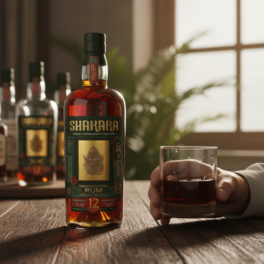 Schwarzbach Spirits Shakara 12 Year Old Rum from Thailand, aged in bourbon barrels, 45.7% Vol. Amber liquid in a clear bottle with a green label.