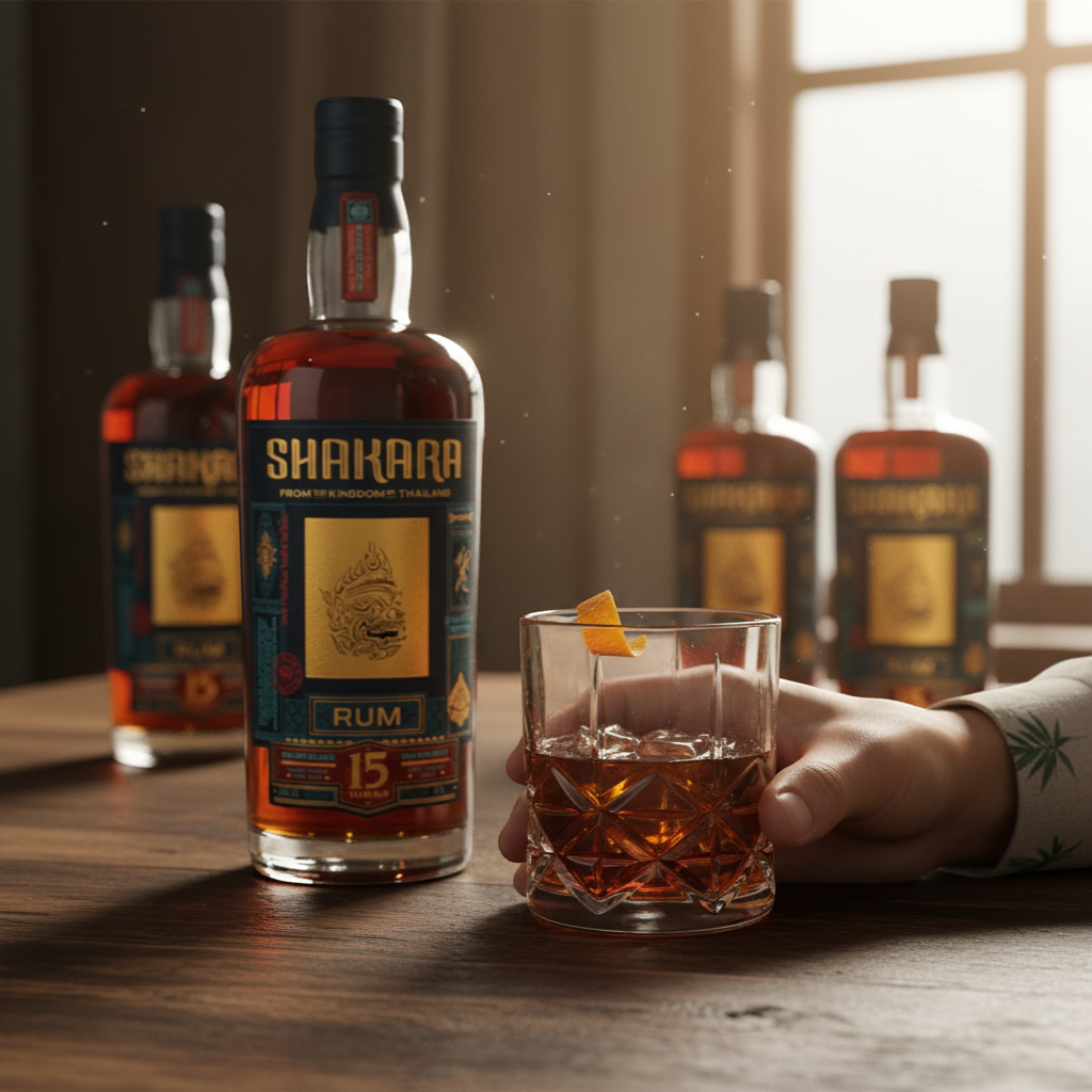 Schwarzbach Spirits SHAKARA 15 Year Old Rum from Thailand, aged in oak barrels, 46.2% Vol., 70cl. Rich amber colour.